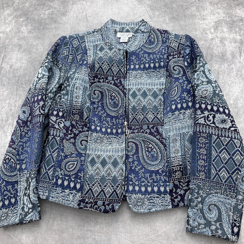 Molly‎ & Maxx Jacket Women PS Blue Gray Tapestry Paisley Boho Zip Retro